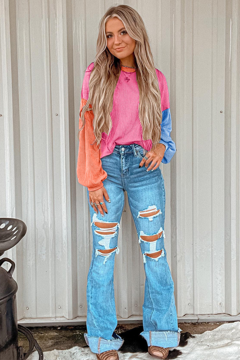 Multicolour Corded Colorblock Patchwork Drop Shoulder Long Sleeve Top